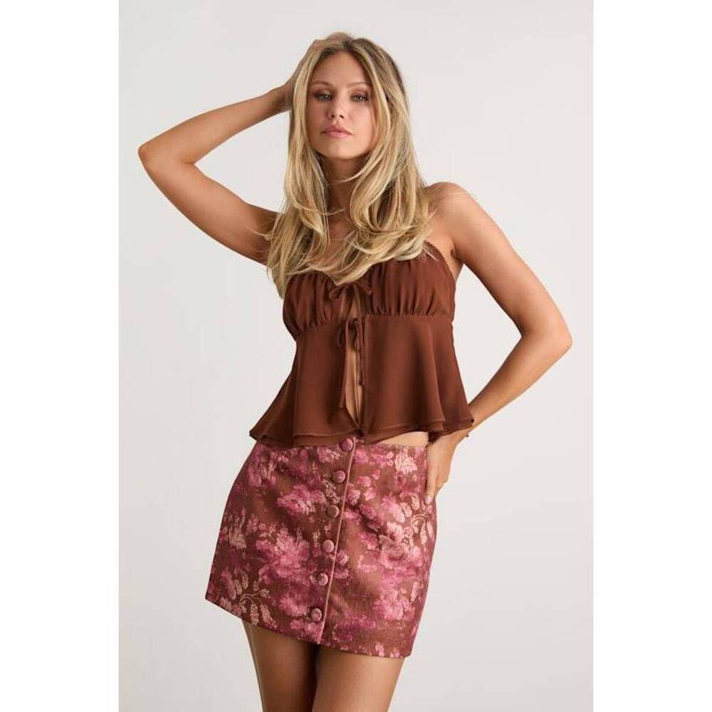Lulus Riordan Brown And Pink Floral Button-front Mini Skirt - Size M